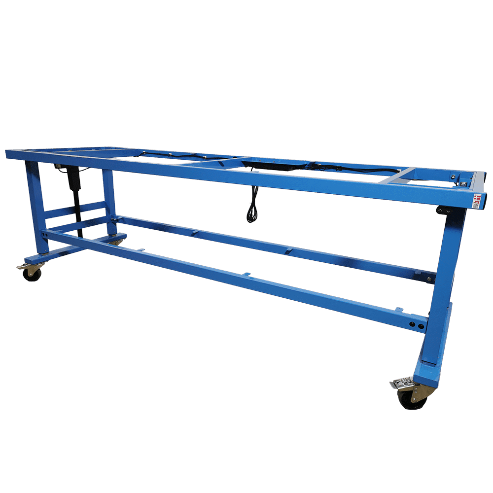 Height adjustable table with castors - 2400x750 mm (front oblique from right)