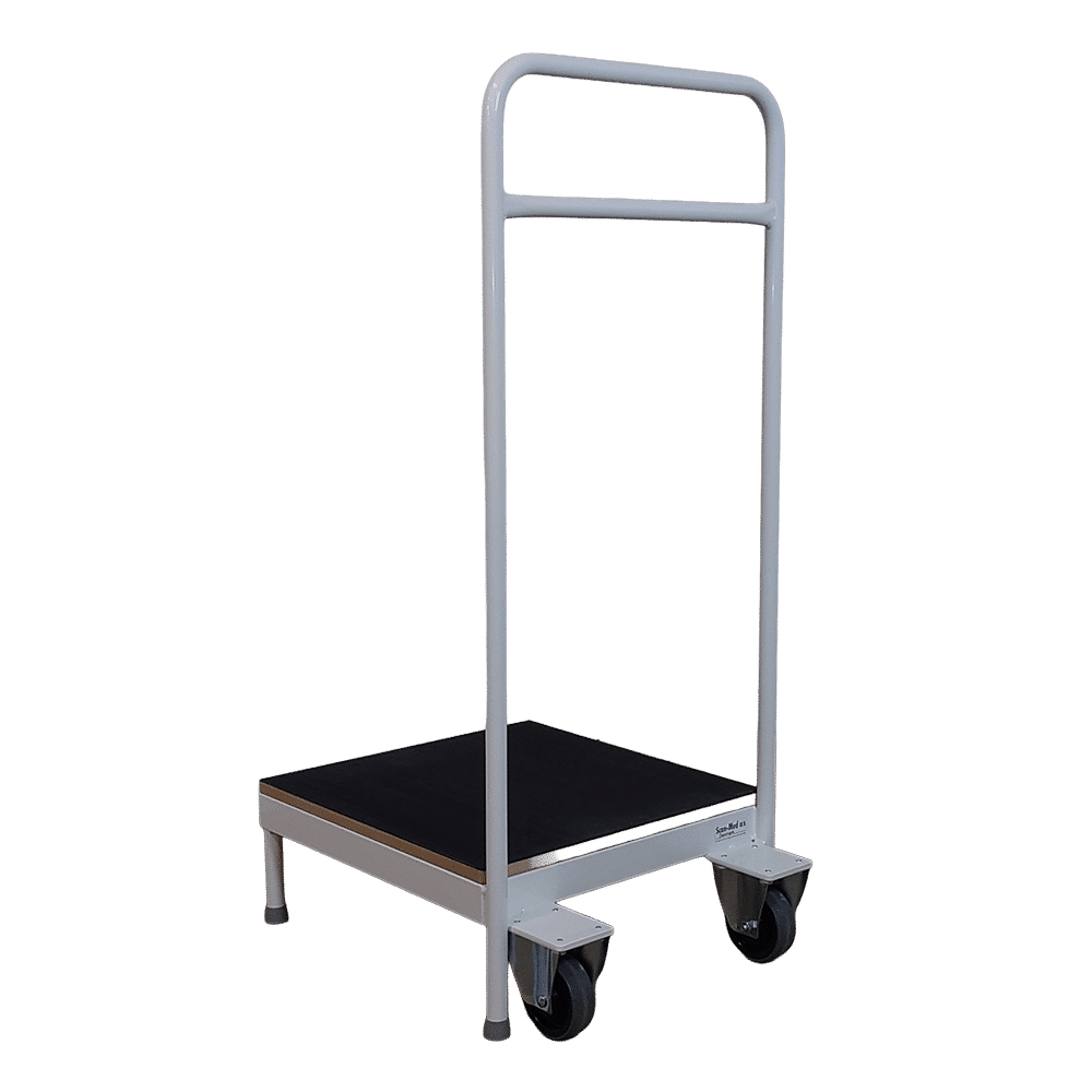 a white cart with black platform