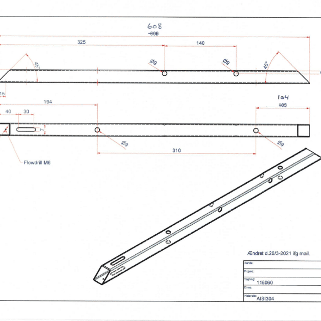 Stainless steel profile guide 1.5x25x25x608mm